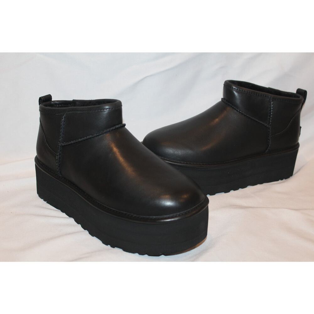 NIB UGG WOMEN'S ULTRA MINI PLATFORM LEATHER SHEARLING LINED ANKLE BOOTS BLACK - Picture 4 of 8